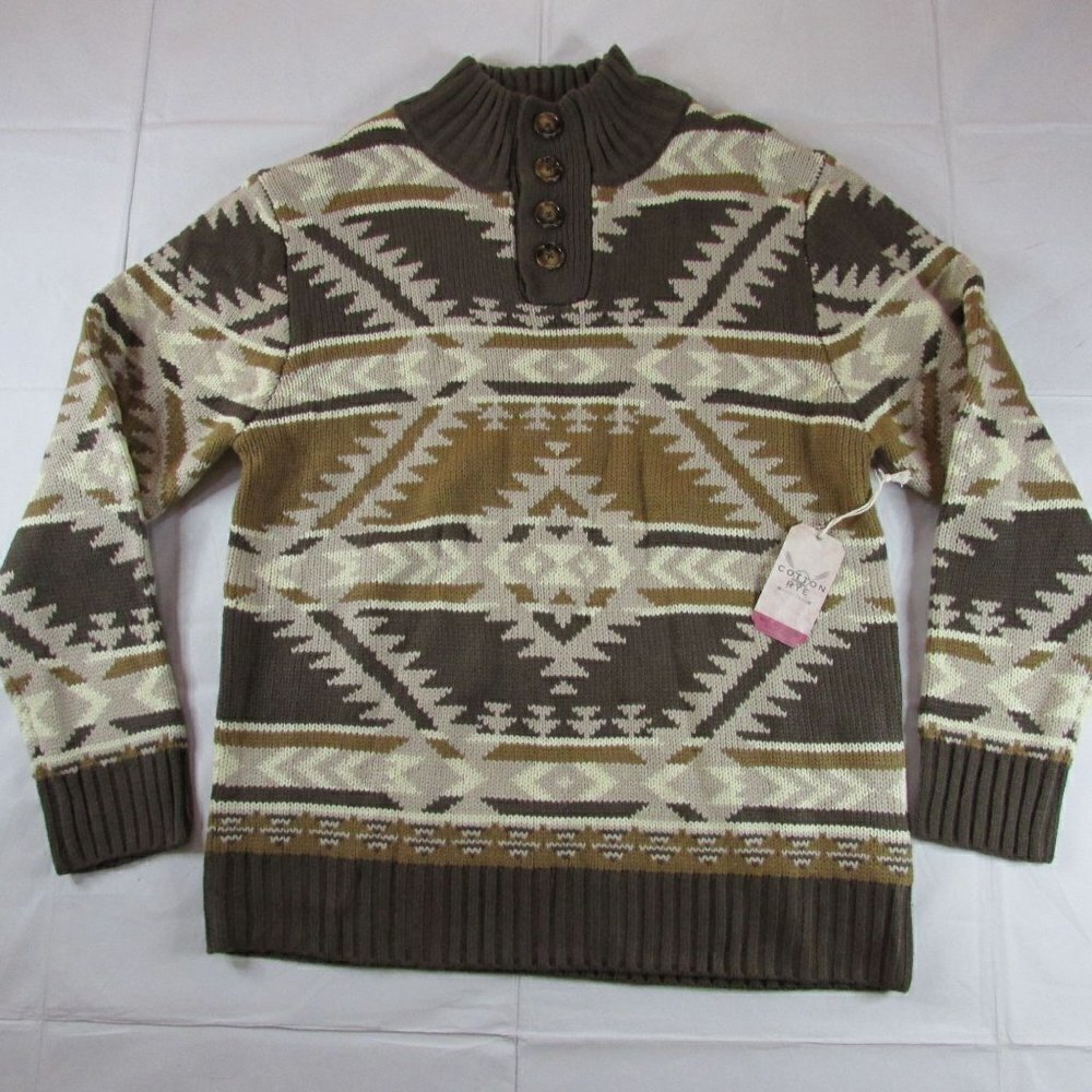 Cotton Rye Men's XXL Quarter Button Aztec Knit Pullover Sweater - Brown